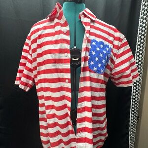 Red and White Striped Men's Shirt with Blue Star Pocket